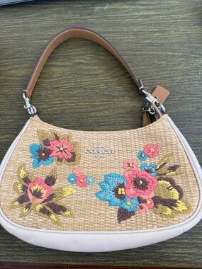 Coach Straw Shoulder Bag with Pink and Blue Floral Embroidery